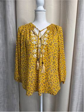 Mason & Belle Boho Tunic Mustard Tassel Floral Embroidered Size M